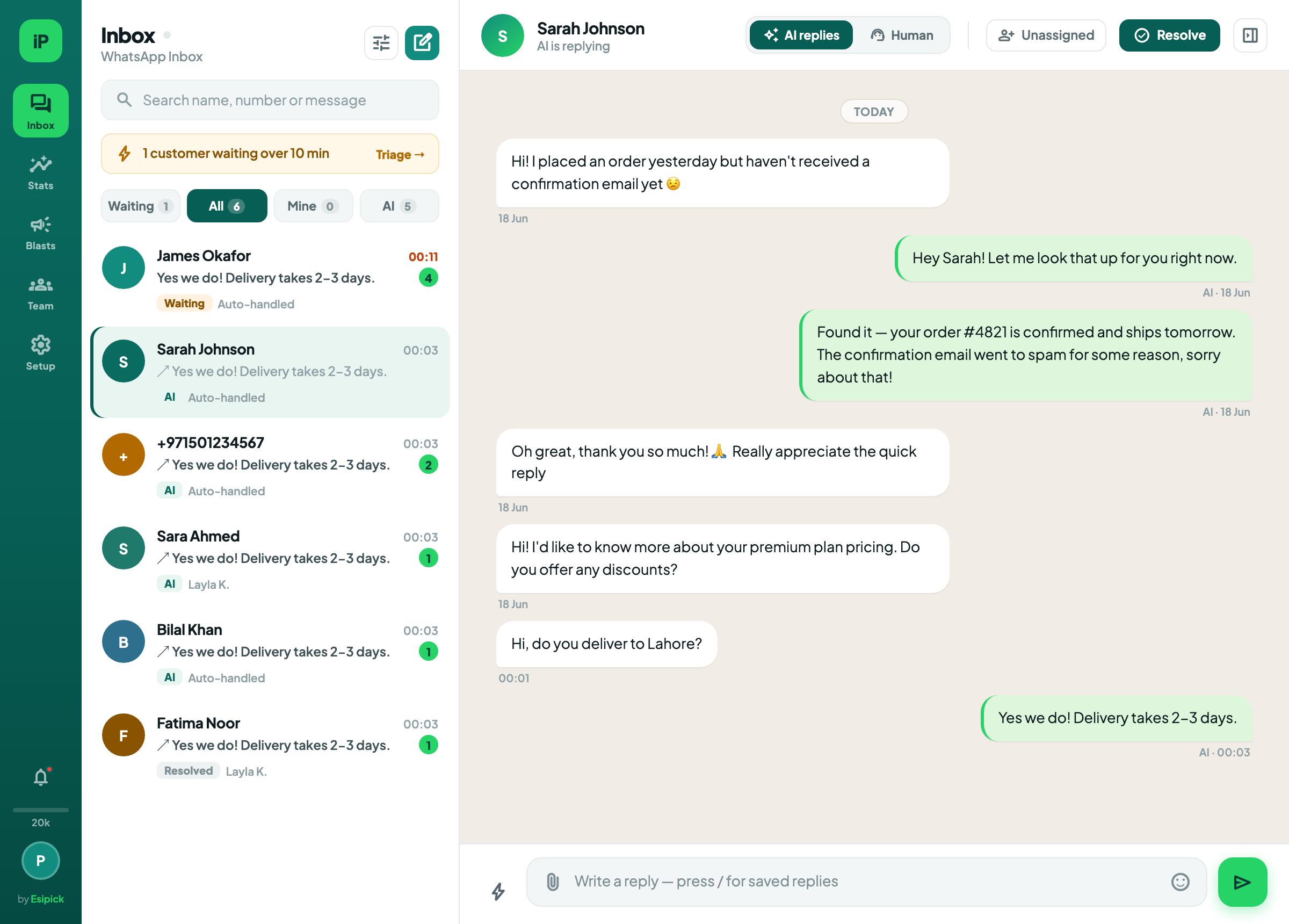 Replify inbox — AI replying to a customer on WhatsApp