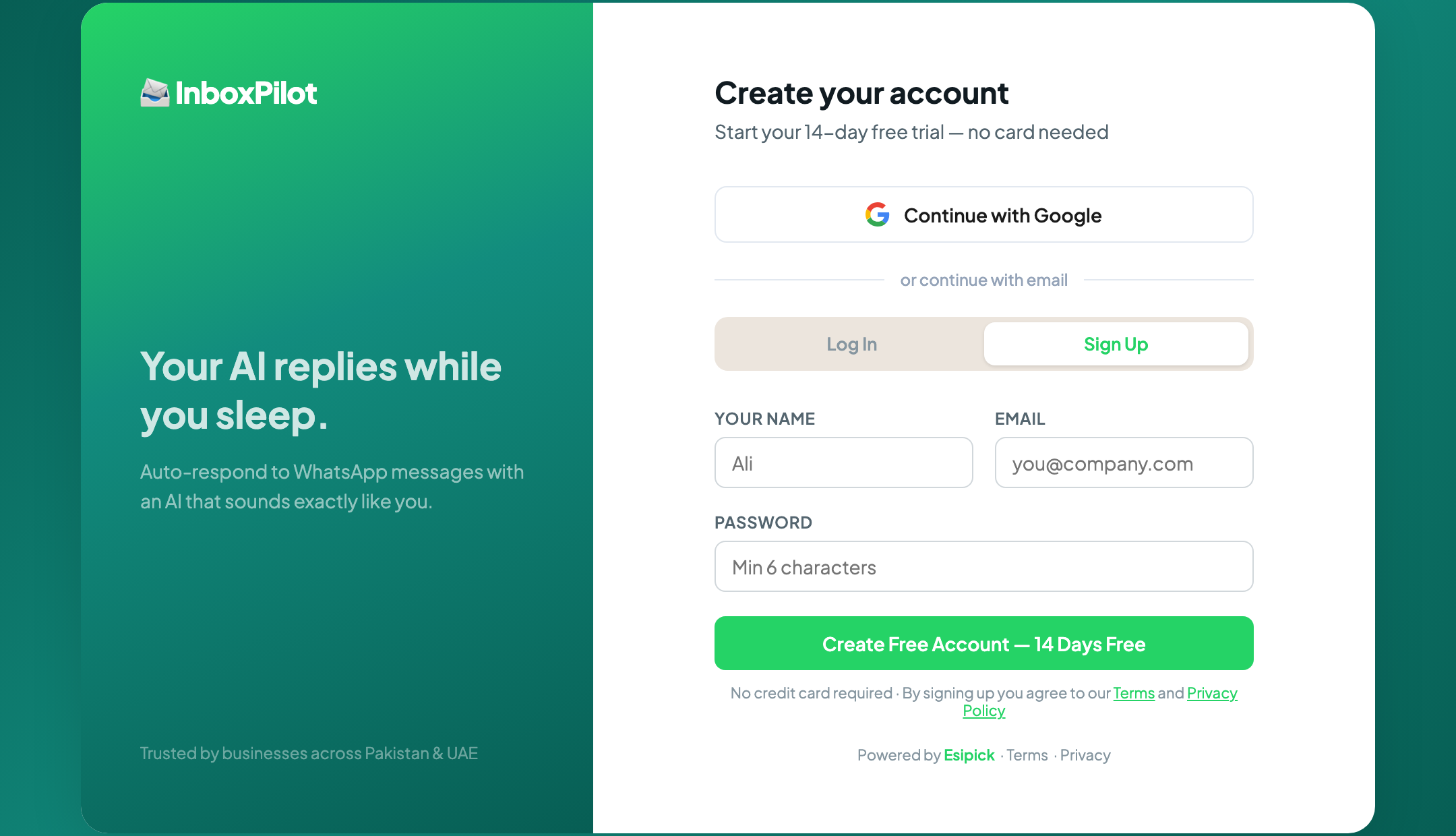 Replify sign-up screen